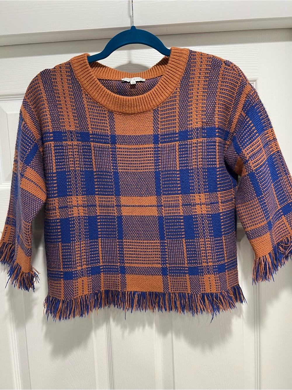 Moon River Orange & Blue Plaid Fringe Crewneck Sweater